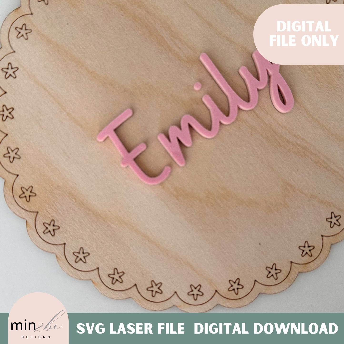 Score flower pattern name backdrop digital template, scallop shaped baby milestone svg, laser cut and score backer, modern bow laser file