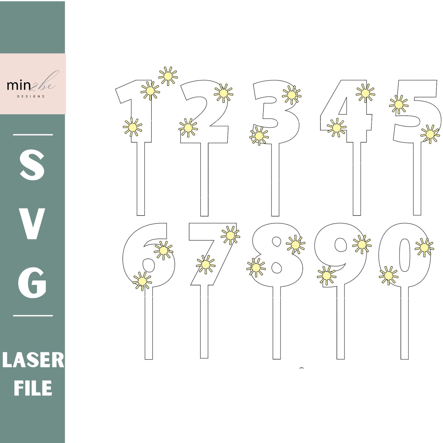 Sun Number cake toppers set, digital svg birthday topper, birthday celebration, laser cut number template, whimsical kawaii theme party