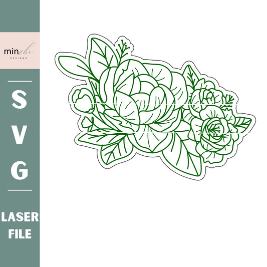 Peony flower svg, flower svg, laser engrave and cut file, laser cut score engrave ready file, glowforge tested digital file,