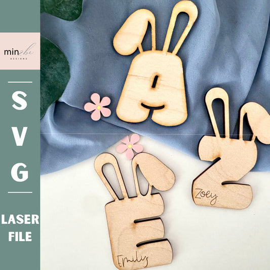 easter basket name tag, bunny rabbit ear letter font, digital laser cut file, vector cut, laser cut sign, boho look, laser ready