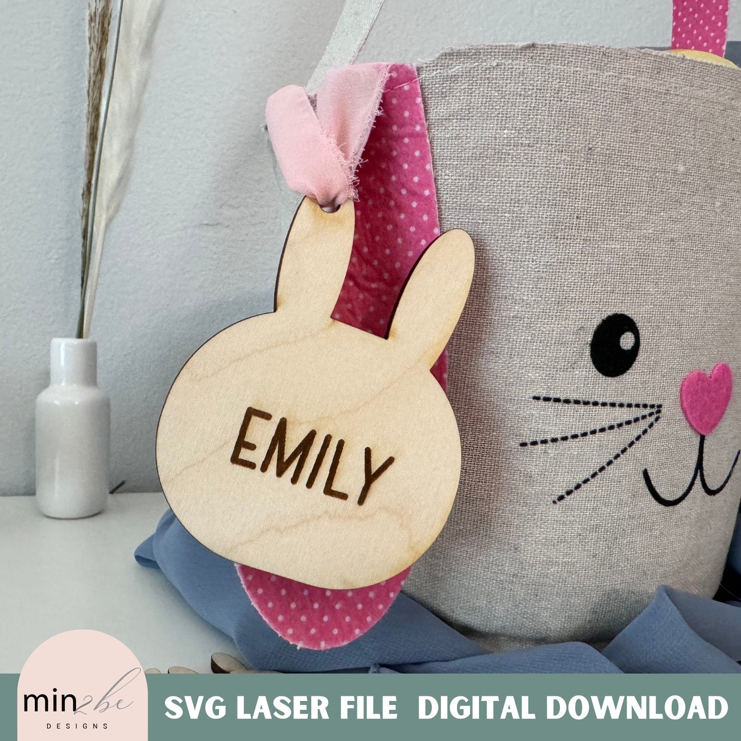 Easter Basket Bunny name tag, digital laser cut file, Rabbit Ears svg vector cut, laser cut sign, boho look laser ready, Modern SVG template