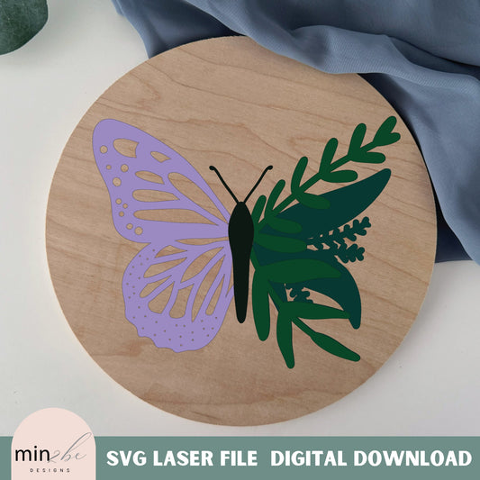 Butterfly laser cut svg pattern, laser ready digital file, butterfly and leaves spring name backer, modern butterfly multiple layer design