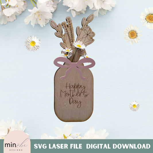 Mothers day flower vase svg digital file, single line score floral drawing for wild flower picking, modern laser cut file