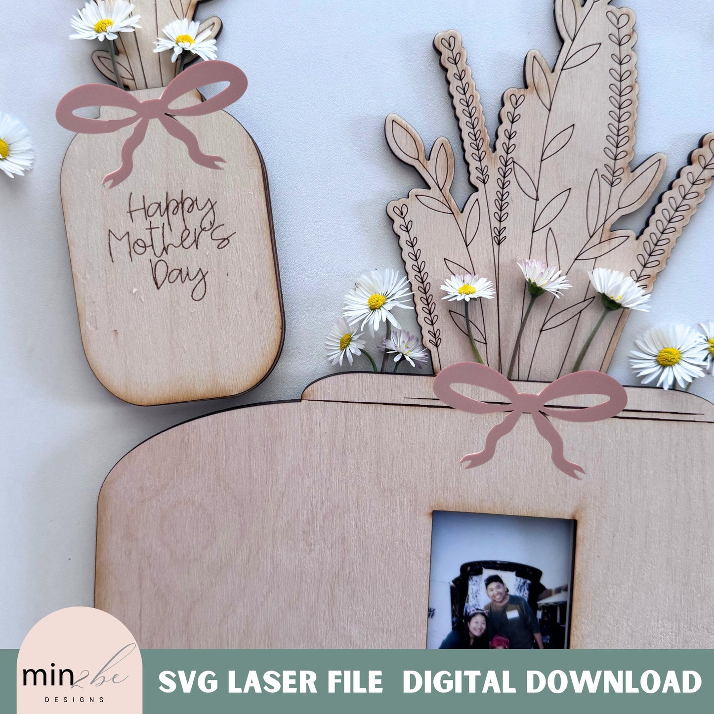 Mothers day flower vase svg digital file, single line score floral drawing for wild flower picking, modern laser cut file