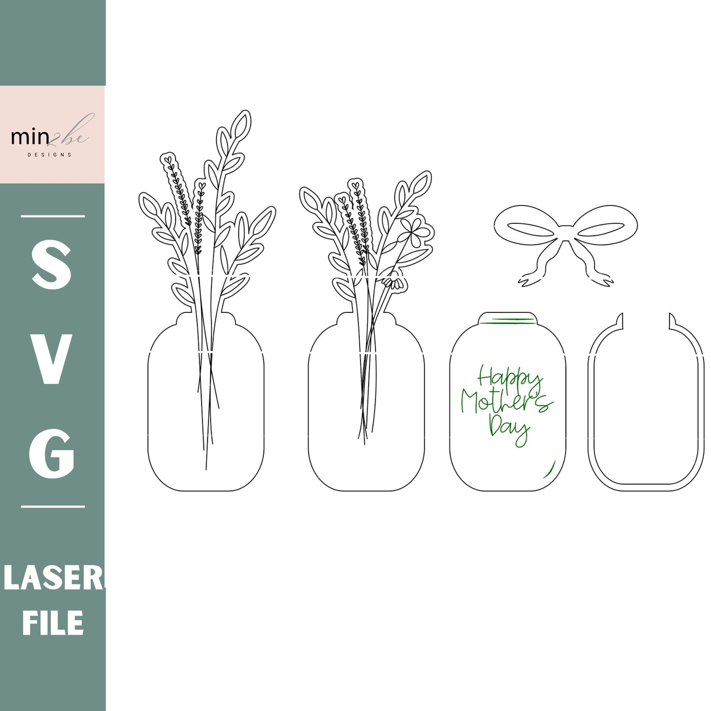 Mothers day flower vase svg digital file, single line score floral drawing for wild flower picking, modern laser cut file