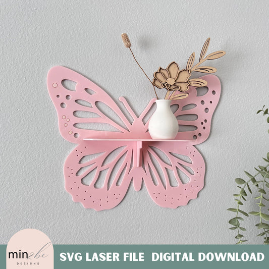 Butterfly wall art laser cut svg pattern, laser ready digital file, boho modern design floating shelf template for laser maker artists