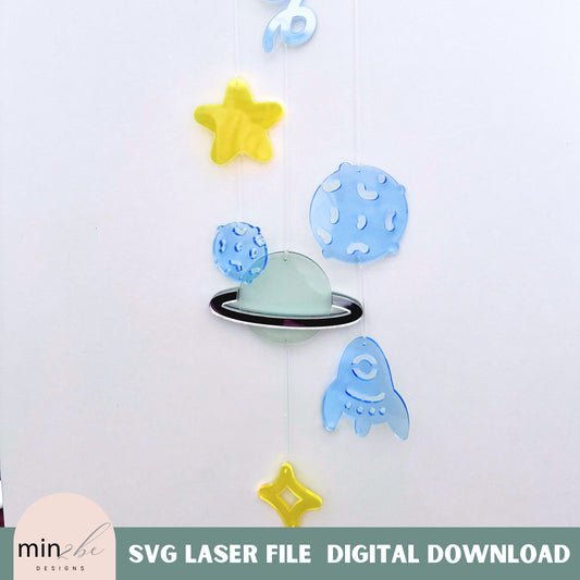 Modern mobile planet theme svg pattern laser ready digital file, acrylic sun catcher template space stars commit and sun