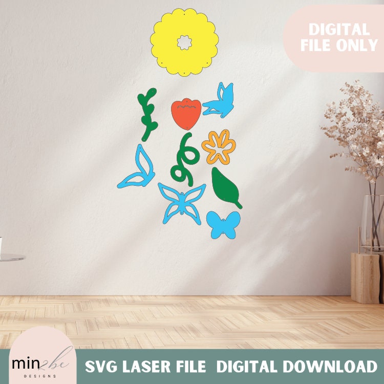 Modern mobile butterfly svg pattern laser ready digital file, acrylic sun catcher template spring floral wall hanging art