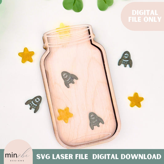 Space theme rocket star reward jar laser cut design, rocket tokens with mason jar laser template boho look, potty training laser ready svg