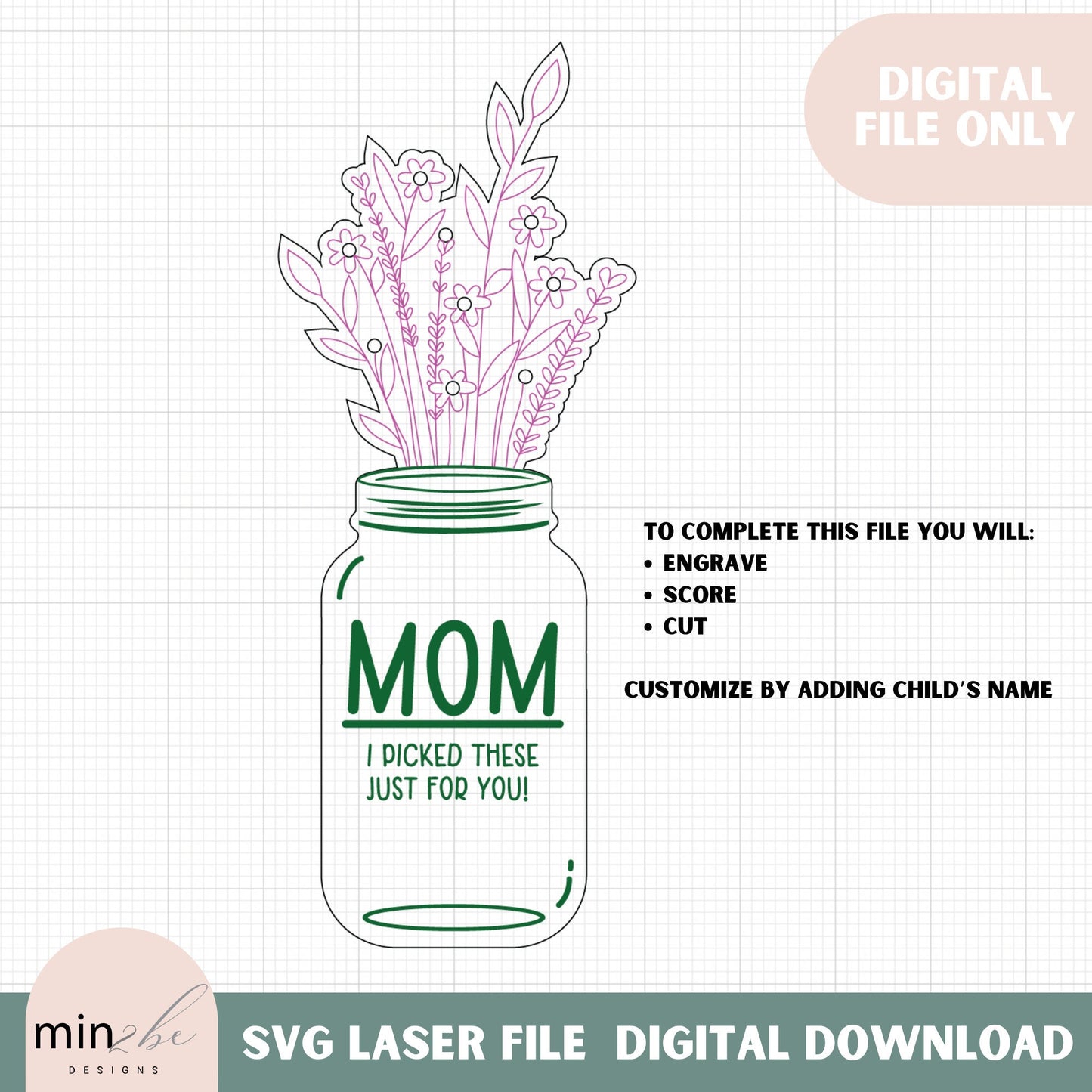 Mother's Day flower bouquet holder SVG Template, Freshly picked flowers Gift Idea, laser cut file, flowers for mom digital file