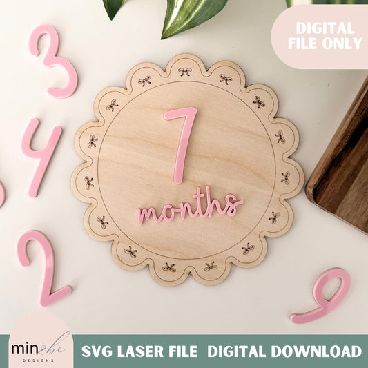 Score Bow pattern name backdrop digital template, scallop shaped baby milestone svg file, laser cut and score backer, modern bow laser file