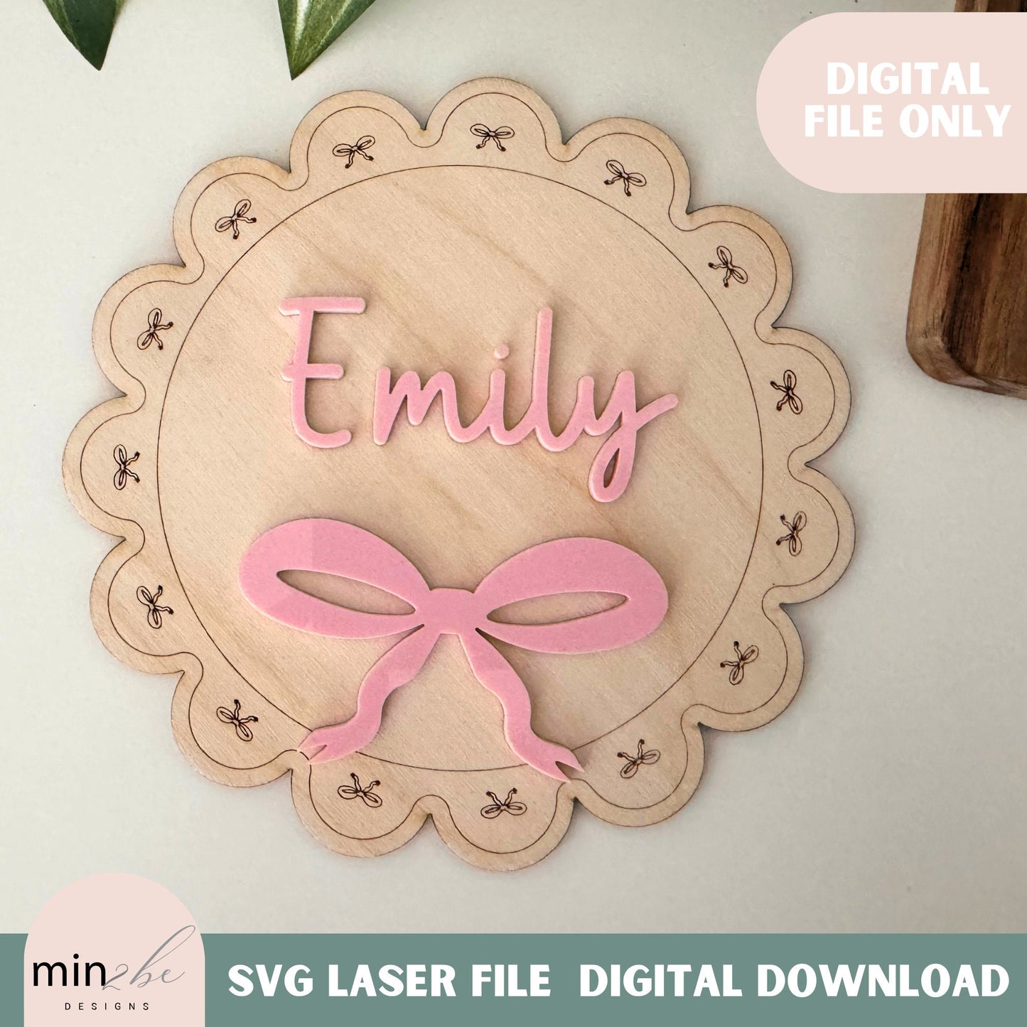 Score Bow pattern name backdrop digital template, scallop shaped baby milestone svg file, laser cut and score backer, modern bow laser file