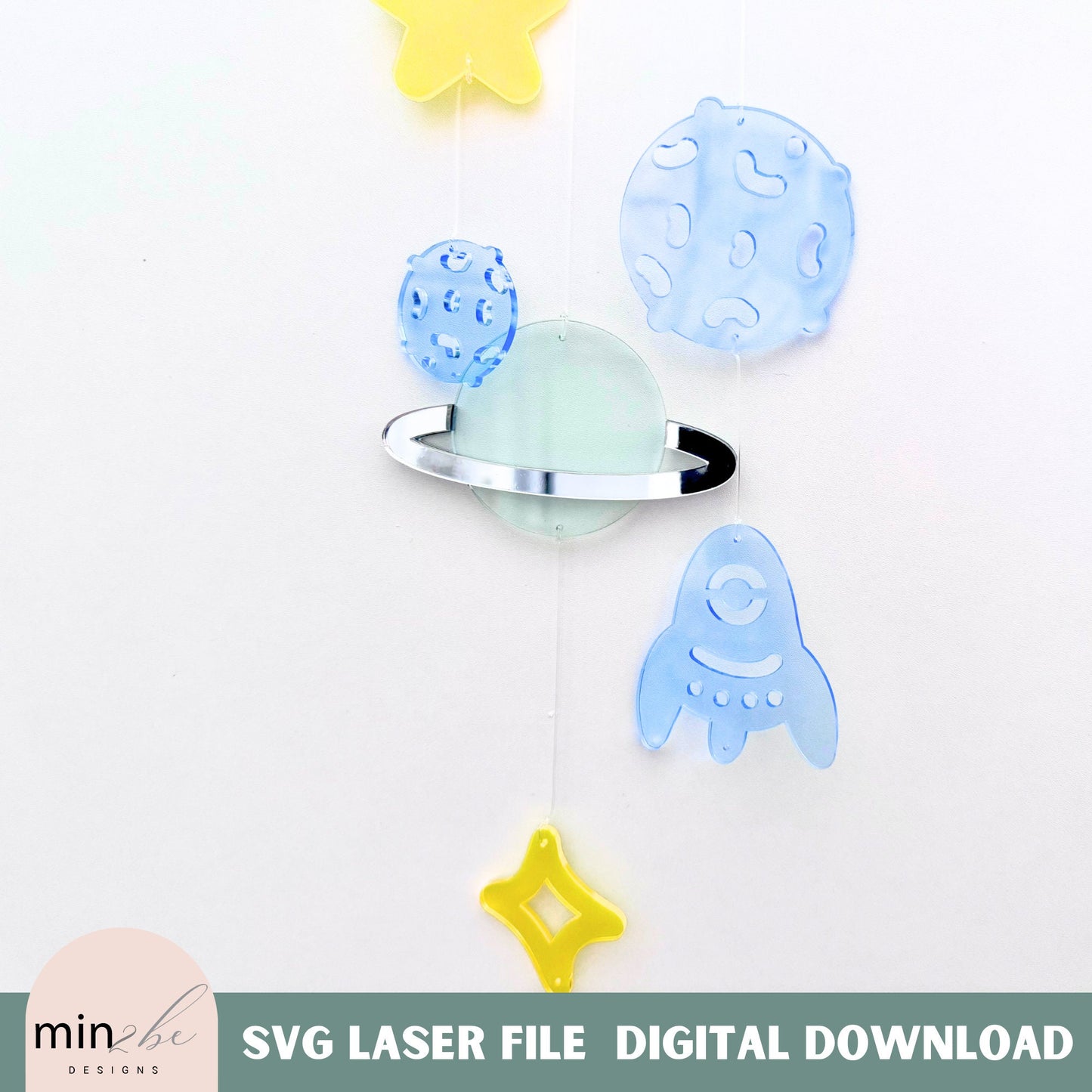 Modern mobile planet theme svg pattern laser ready digital file, acrylic sun catcher template space stars commit and sun