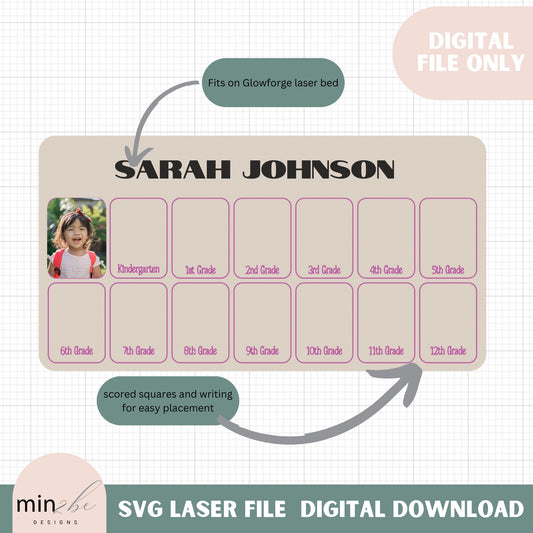 School years photo frame board score and cut svg, pre k through  graduation 12 photo frame digital file, glowforge single layer file design