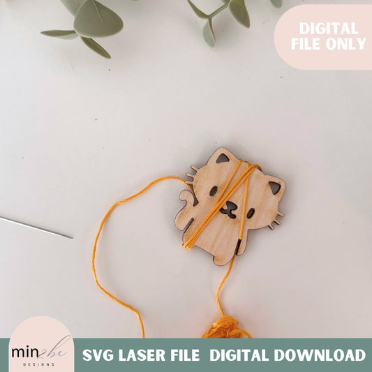 Cute Embroidery Floss Bobbin SVG Digital Design, Cat kitten modern embroidery string holder laser cut file