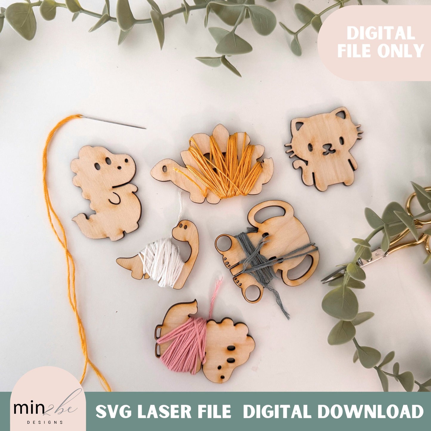 Cute Embroidery Floss Bobbin SVG Digital Design BUNDLE, Animals and Dinosaur modern embroidery string holder laser cut file