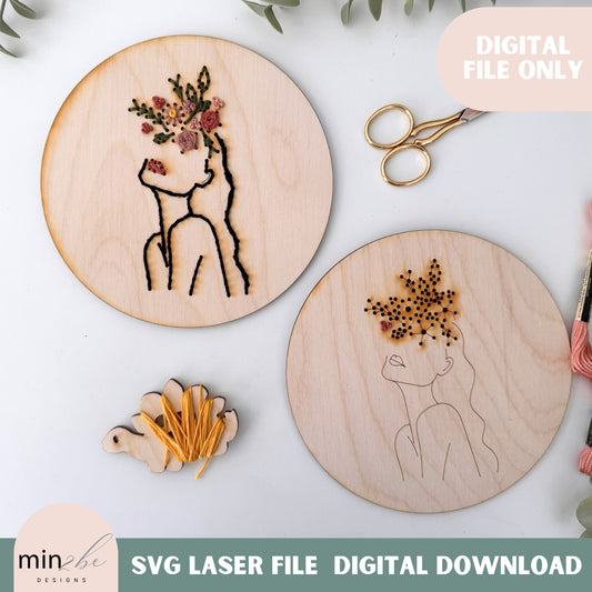 Wood Embroidery floral portrait digital template for laser, Modern hand embroidery SVG file, Laser cut design