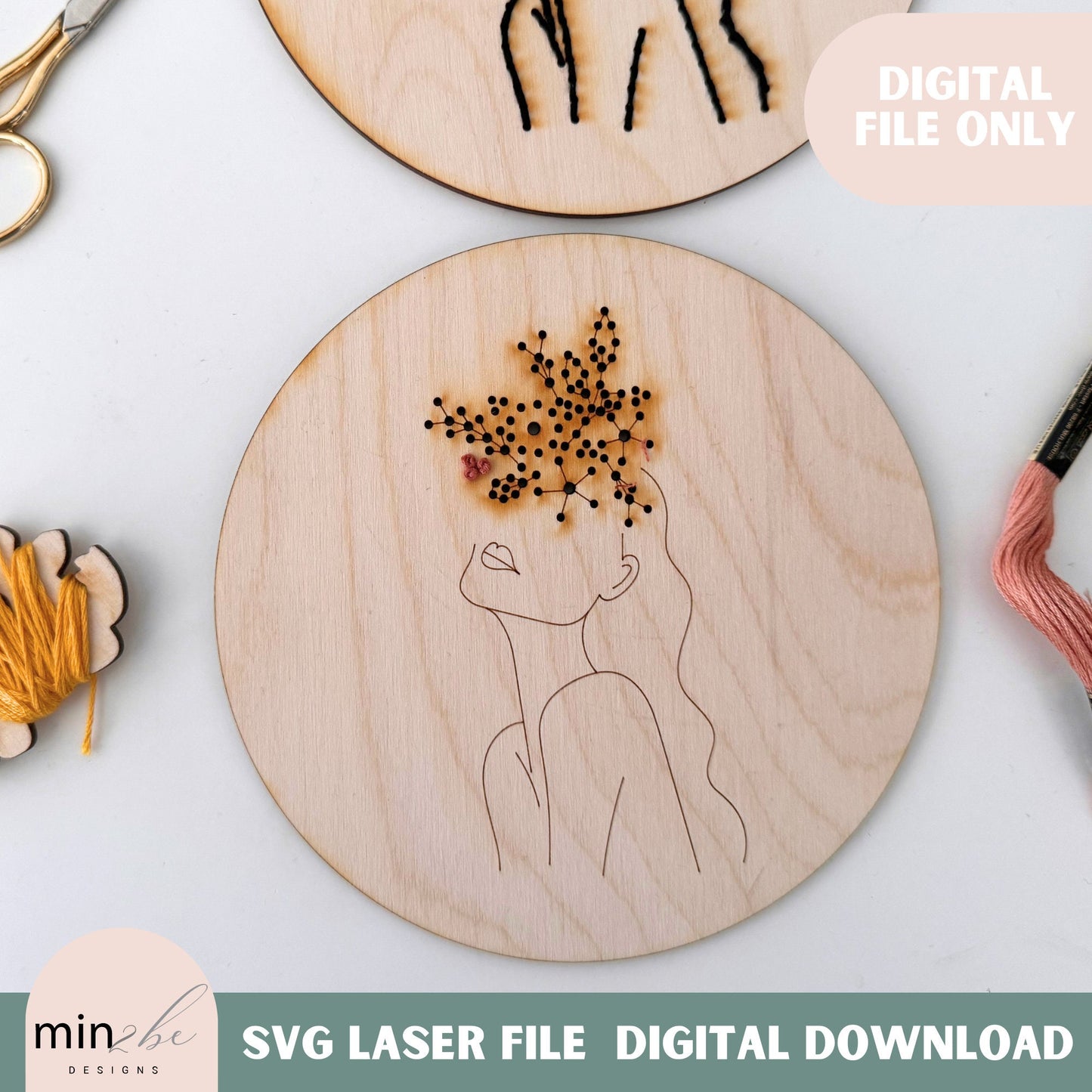 Wood Embroidery floral portrait digital template for laser, Modern hand embroidery SVG file, Laser cut design