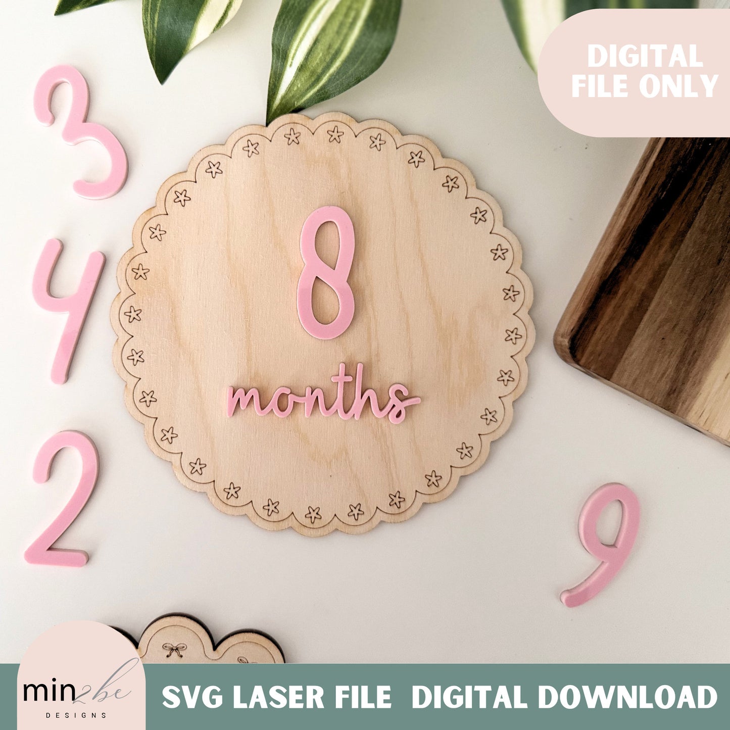 Score flower pattern name backdrop digital template, scallop shaped baby milestone svg, laser cut and score backer, modern bow laser file