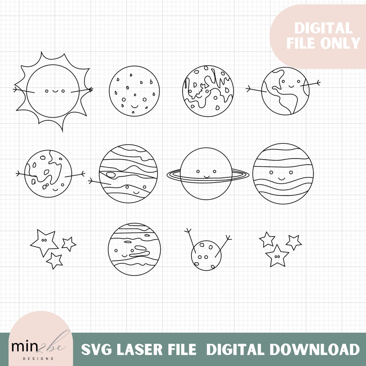 Planets stars sun svg laser design, Single line score drawing cute planet themed digital design