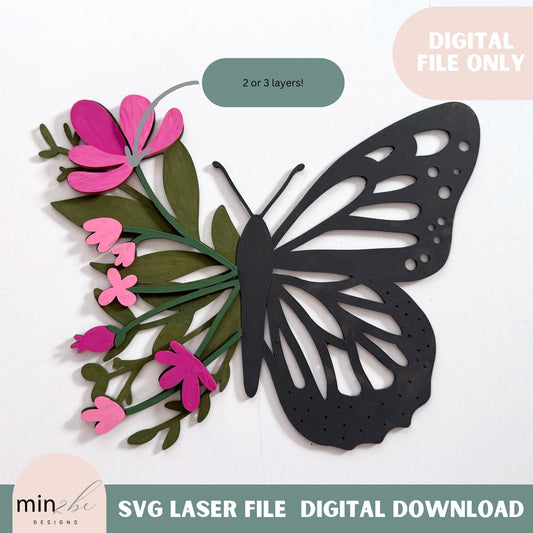 Butterfly laser cut svg pattern, laser ready digital file, butterfly and leaves spring name backer, floral pattern design, modern butterfly