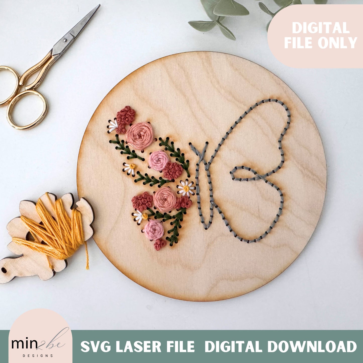 Wood embroidery butterfly flower template digital svg file, embroidery cut design hand stitch design kit project embroidery design for laser
