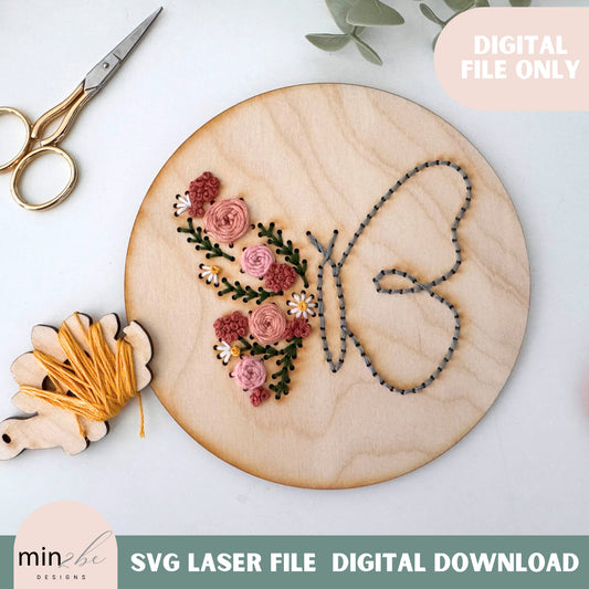 Wood embroidery butterfly flower template digital svg file, embroidery cut design hand stitch design kit project embroidery design for laser