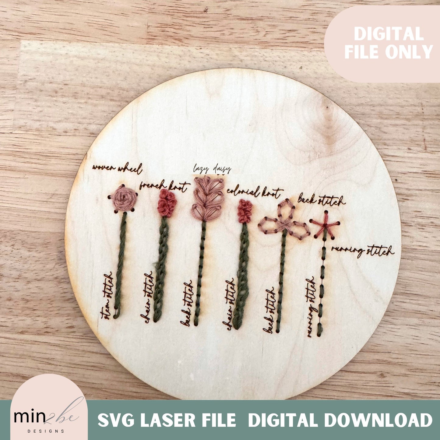 Wood embroidery hand stitch guide template digital svg file, floral embroidery design, basic embroidery guide for beginners, laser cut file