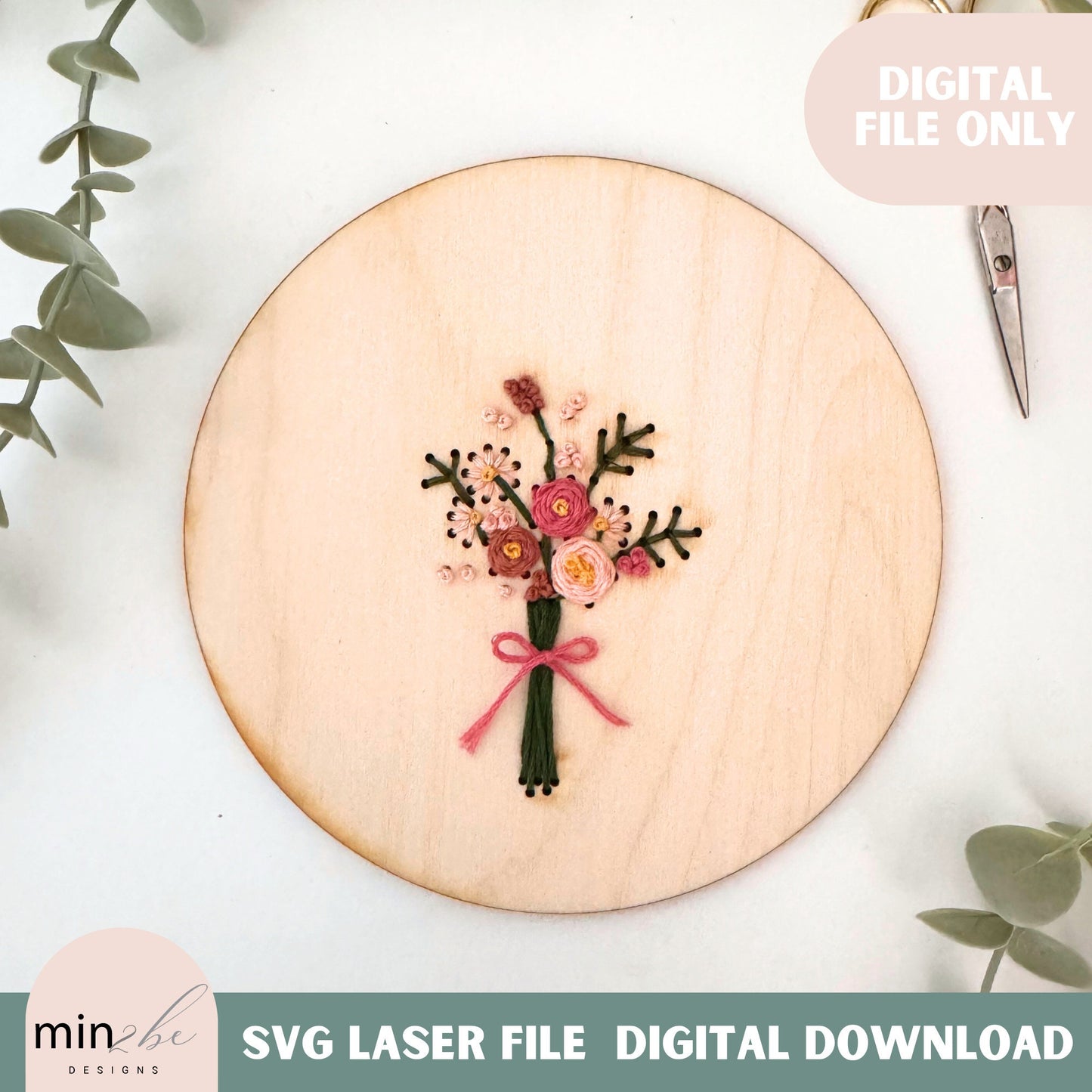 Wood embroidery flower bouquet template digital svg file, embroidery cut design hand stitch design kit project embroidery design for laser