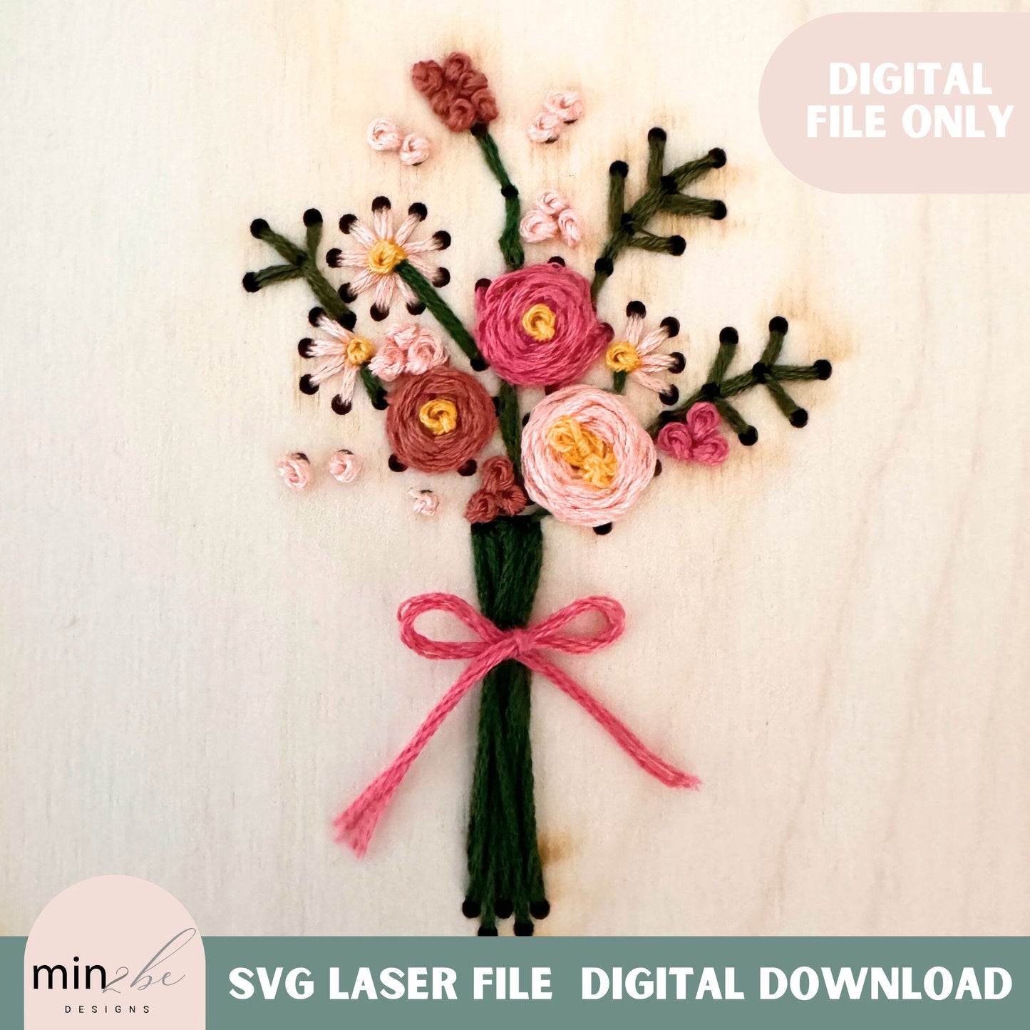 Wood embroidery flower bouquet template digital svg file, embroidery cut design hand stitch design kit project embroidery design for laser