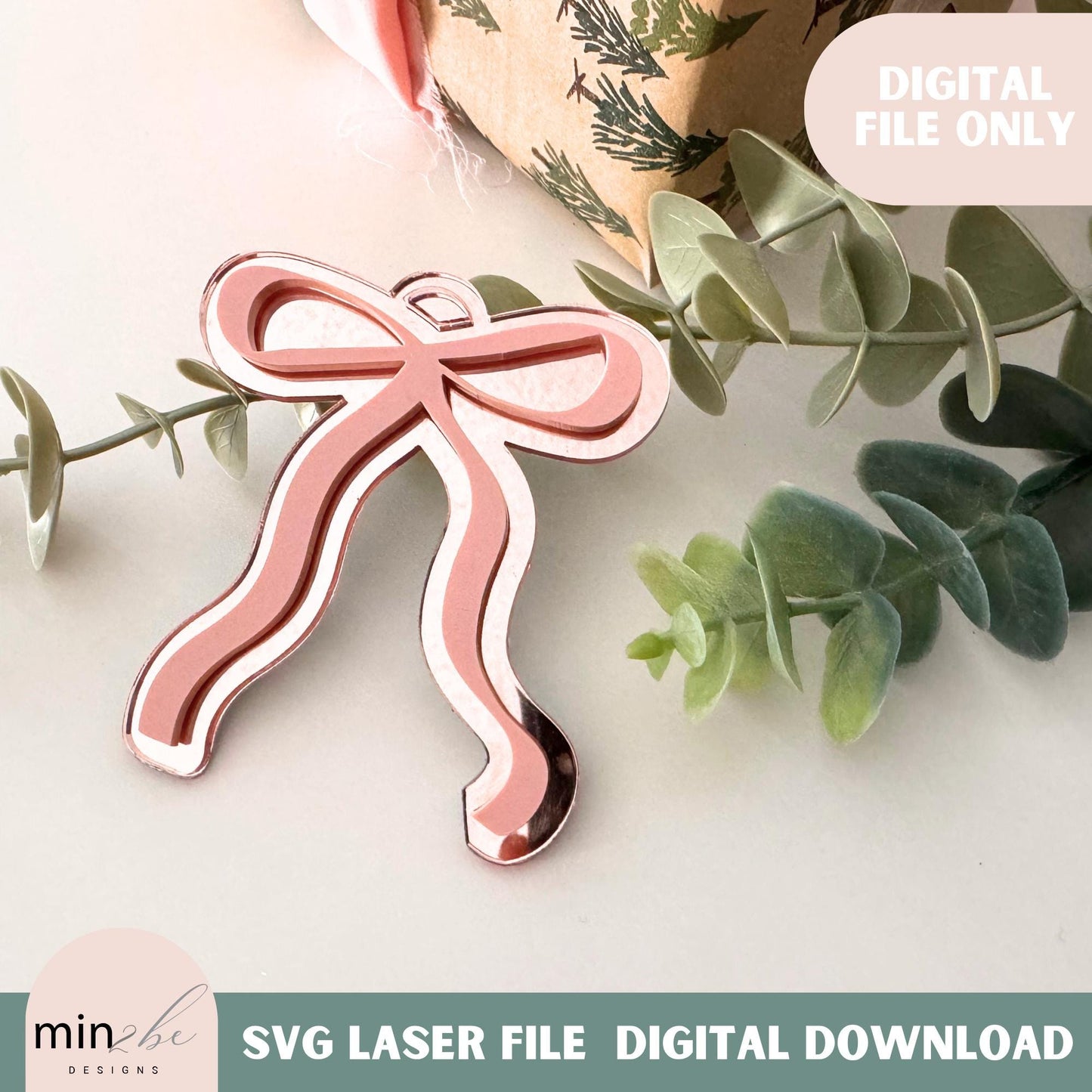 romantic bow coquette laser cut digital design, long ribbon bow, modern bow ornament svg file, very cutesy demure trending bow 2024