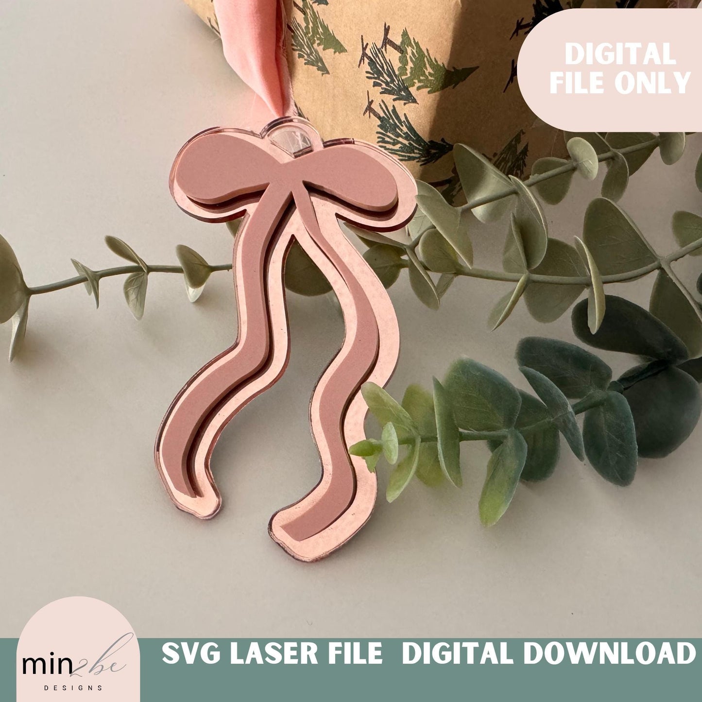 feminine bow coquette laser cut digital design, long dainty ribbon bow, modern bow ornament svg file, very cutesy demure trending bow 2024