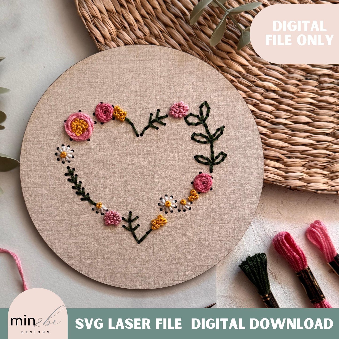 Wood Embroidery heart floral digital template for laser, Modern hand embroidery SVG file, Laser cut design, hand sewn floral design