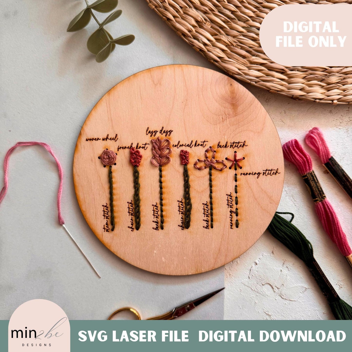 Wood embroidery hand stitch guide template digital svg file, floral embroidery design, basic embroidery guide for beginners, laser cut file