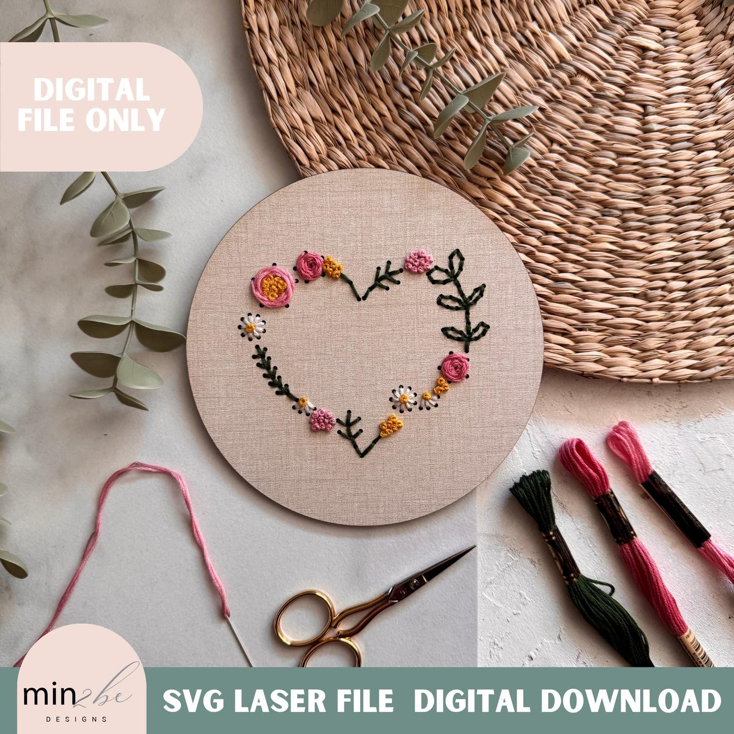 Wood Embroidery heart floral digital template for laser, Modern hand embroidery SVG file, Laser cut design, hand sewn floral design