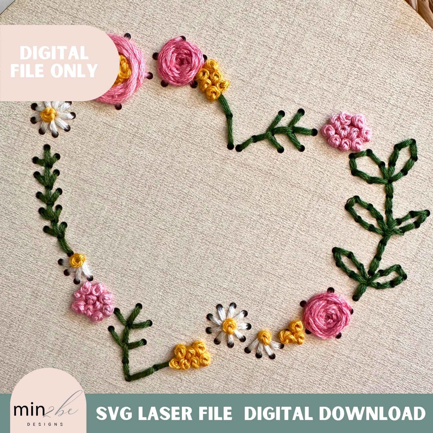 Wood Embroidery heart floral digital template for laser, Modern hand embroidery SVG file, Laser cut design, hand sewn floral design