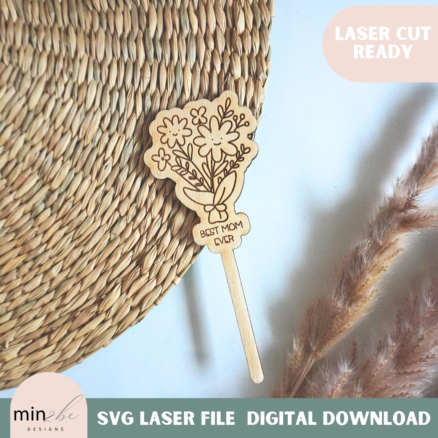 Mother’s Day SVG Plant Stake, Best Mom Ever Laser Cut File, Floral Garden Marker Digital Download, DIY Gift for Mom, Modern Laser Art