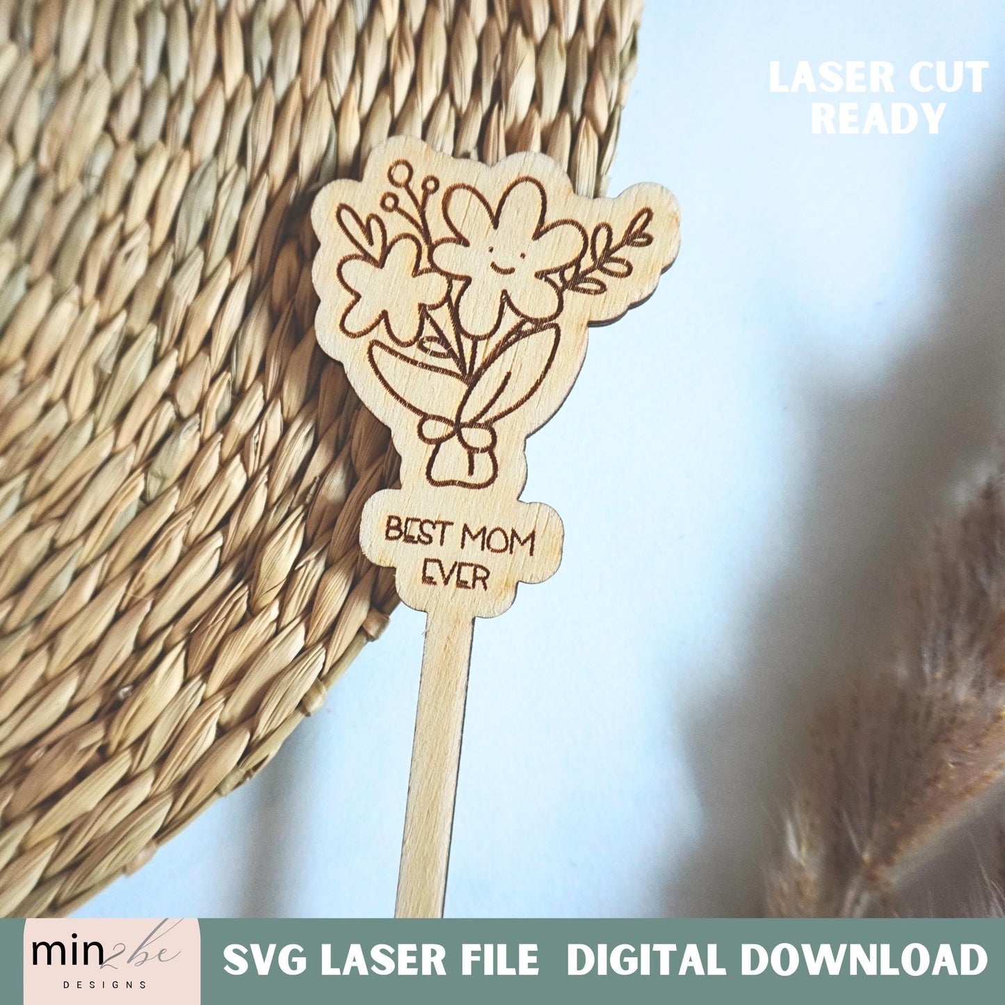 Mother’s Day SVG Plant Stake, Best Mom Ever Laser Cut File, Floral Garden Marker Digital Download, DIY Gift for Mom, Modern Laser Art