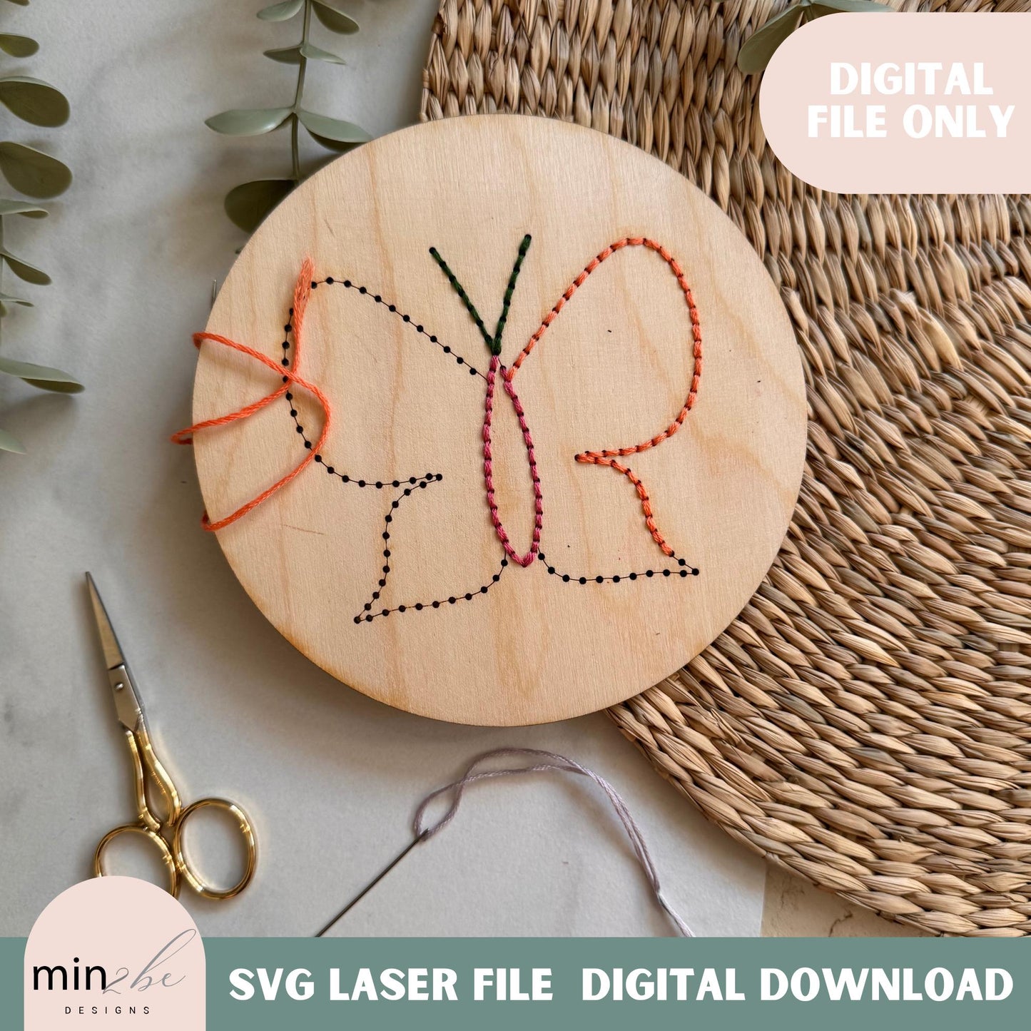Butterfly Wood Embroidery floral portrait digital template for laser, Modern hand embroidery SVG file, Laser cut design, craft idea for kids