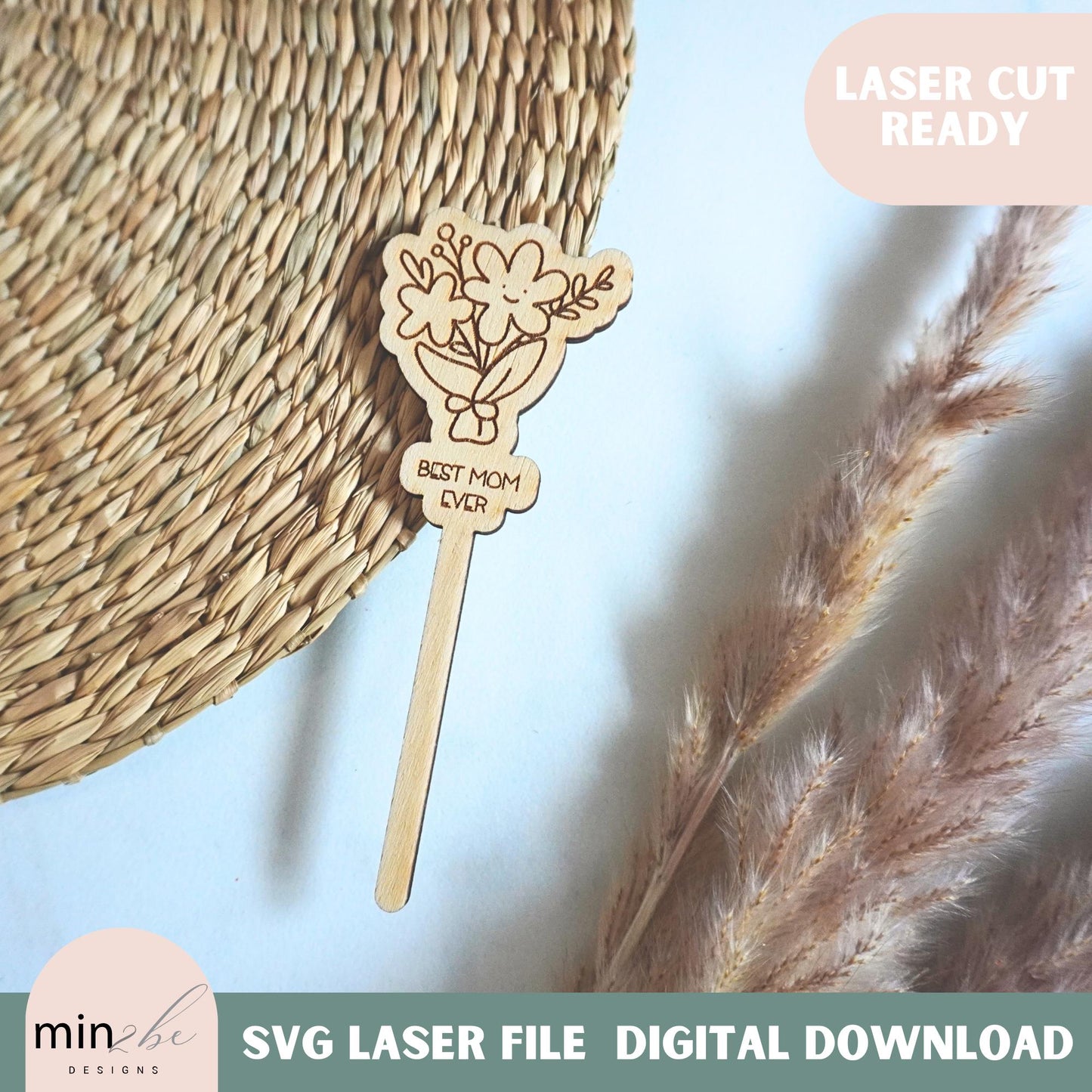 Mother’s Day SVG Plant Stake, Best Mom Ever Laser Cut File, Floral Garden Marker Digital Download, DIY Gift for Mom, Modern Laser Art
